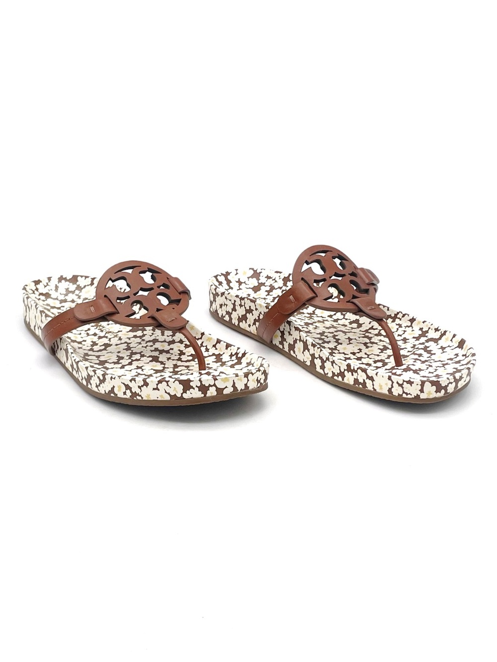 Tory Burch Miller Cloud Sandals Sz 8.5 Brown Floral Logo Leather Flip Flop Slide - Picture 3 of 16